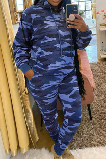 Blue Casual Camouflage Print Patchwork Draw String Pocket Hooded Collar Plus Size Two Pieces
