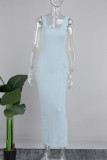 Blue Street Solid Patchwork Pocket U Neck Long Dress Dresses