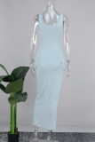 Blue Street Solid Patchwork Pocket U Neck Long Dress Dresses