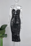 Black Sexy Solid Sequins Patchwork Zipper Asymmetrical Collar Wrapped Skirt Dresses