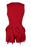 Rose Red Street Print Tassel Letter O Neck Sleeveless Two Pieces