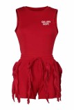 Rose Red Street Print Tassel Letter O Neck Sleeveless Two Pieces