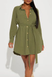 Army Green Casual Solid Bandage Patchwork Buckle Shirt Collar Shirt Dress Dresses