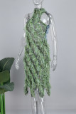 Green Sexy Patchwork See-through Backless Halter Irregular Dress Dresses