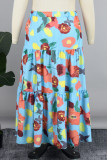 Blue Sweet Floral Patchwork Cake Skirt Plus Size