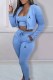 Light Blue Casual Print Patchwork Hooded Collar Long Sleeve Three Pieces