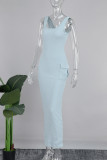 Blue Street Solid Patchwork Pocket U Neck Long Dress Dresses