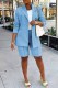 Light Blue Casual Work Print Letter Turn-back Collar Long Sleeve Two Pieces