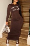 Apricot Street Print Letter O Neck Wrapped Skirt Dresses