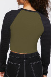Black Apricot Casual Color Block Patchwork Contrast O Neck Tops