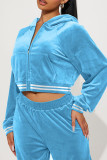 Sky Blue Street Color Block Patchwork Pocket Contrast Zipper Hooded Collar Long Sleeve Two Pieces