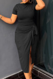 Red Elegant Solid Bandage Patchwork Slit O Neck Short Sleeve Two Pieces