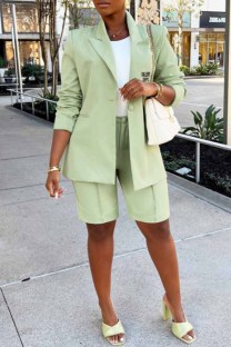 Light Green Casual Work Print Letter Turn-back Collar Long Sleeve Two Pieces