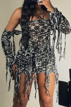 Black White Sexy Street Tassel Patchwork Backless Weave Halter Irregular Dress Dresses