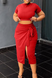 Red Elegant Solid Bandage Patchwork Slit O Neck Short Sleeve Two Pieces