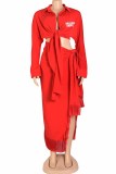 Tangerine Red Casual Print Tassel Letter Asymmetrical Turndown Collar Long Sleeve Two Pieces