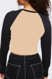 Black White Casual Color Block Patchwork Contrast O Neck Tops