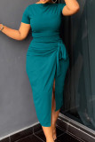 Red Elegant Solid Bandage Patchwork Slit O Neck Short Sleeve Two Pieces