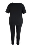 Black Casual Letter Printing O Neck Plus Size Two Pieces