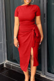 Red Elegant Solid Bandage Patchwork Slit O Neck Short Sleeve Two Pieces