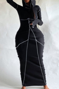Black Casual Patchwork Contrast Hooded Collar Long Dress Dresses