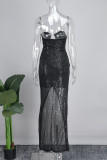 Black Sexy Solid Sequins Patchwork Backless Slit Strapless Long Dress (Subject To The Actual Object )