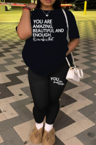 Black Casual Letter Print O Neck Plus Size Two Pieces
