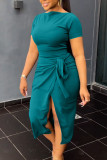 Red Elegant Solid Bandage Patchwork Slit O Neck Short Sleeve Two Pieces