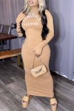 Apricot Street Print Letter O Neck Wrapped Skirt Dresses