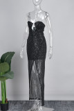 Champagne Sexy Solid Sequins Patchwork Backless Slit Strapless Long Dress (Subject To The Actual Object )