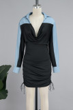 Black Casual Patchwork Asymmetrical Collar Wrapped Skirt Dresses