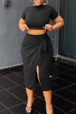 Red Elegant Solid Bandage Patchwork Slit O Neck Short Sleeve Two Pieces