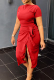 Red Elegant Solid Bandage Patchwork Slit O Neck Short Sleeve Two Pieces