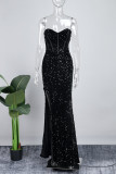 Black Sexy Formal Solid Sequins Patchwork Backless Slit Scalloped Long Dress Dresses
