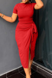 Red Elegant Solid Bandage Patchwork Slit O Neck Short Sleeve Two Pieces