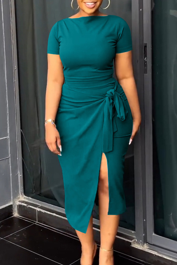 Malachite Green Elegant Solid Bandage Patchwork Slit O Neck Short Sleeve Two Pieces