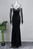 Black Sexy Formal Patchwork Hot Drilling See-through Backless Slit Long Dress (With Sleeves)