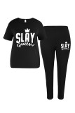 Black Casual Letter Printing O Neck Plus Size Two Pieces