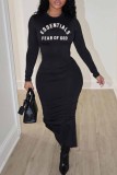 Apricot Street Print Letter O Neck Wrapped Skirt Dresses