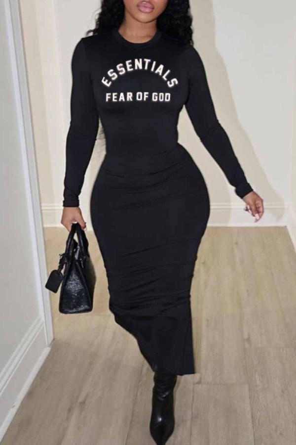 Black Street Print Letter O Neck Wrapped Skirt Dresses