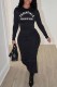 Black Street Print Letter O Neck Wrapped Skirt Dresses