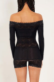 Black Sexy Solid Lace Hollowed Out Patchwork Off the Shoulder Skinny Rompers