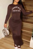 Apricot Street Print Letter O Neck Wrapped Skirt Dresses