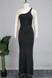 Apricot Sexy Solid Patchwork One Shoulder Long Dress Dresses