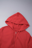 Red Casual Solid Patchwork Draw String Pocket Hooded Collar Long Sleeve Two Pieces