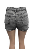 Grey Street Solid Patchwork Pocket Buttons Zipper Mid Waist Regular Denim Shorts