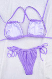 Purple Solid Bandage Patchwork Draw String Swimwears