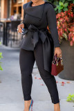 Black Street Solid Bandage Patchwork Buttons Asymmetrical Collar Long Sleeve Two Pieces