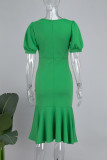 Green Elegant Solid Patchwork Buckle Flounce V Neck Trumpet Mermaid Dresses