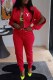 Red Casual Print Letter Zipper Mandarin Collar Long Sleeve Two Pieces